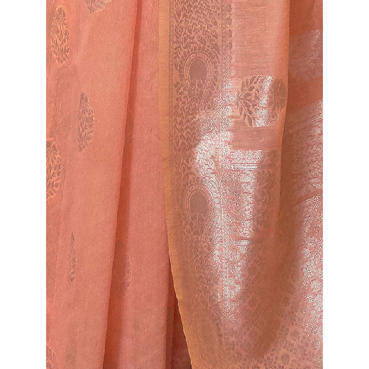 Odette Festive Peach Linen Blend Woven Saree with Unstitched Blouse