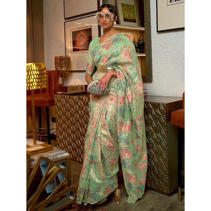 Odette Festive Green Woven Saree with Unstitched Blouse