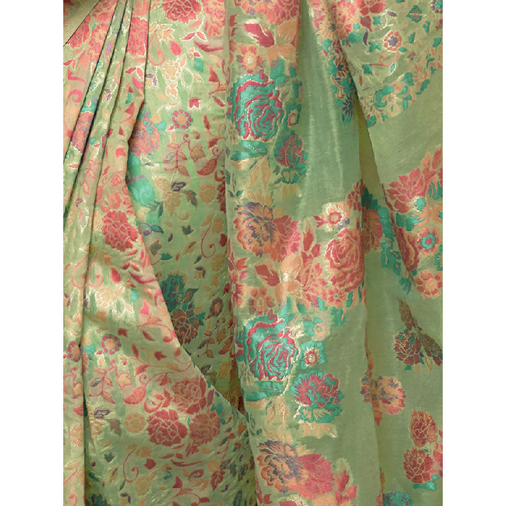 Odette Festive Green Woven Saree with Unstitched Blouse