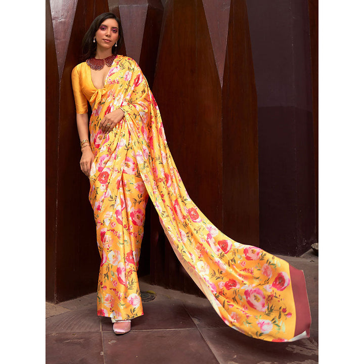 Odette Festive Mustard Satin Printed Saree with Unstitched Blouse