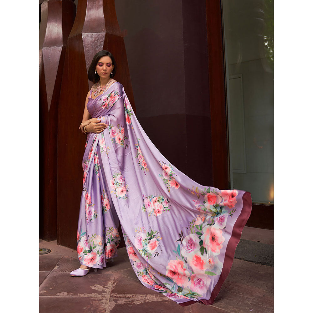 Odette Festive Lavender Satin Printed Saree with Unstitched Blouse