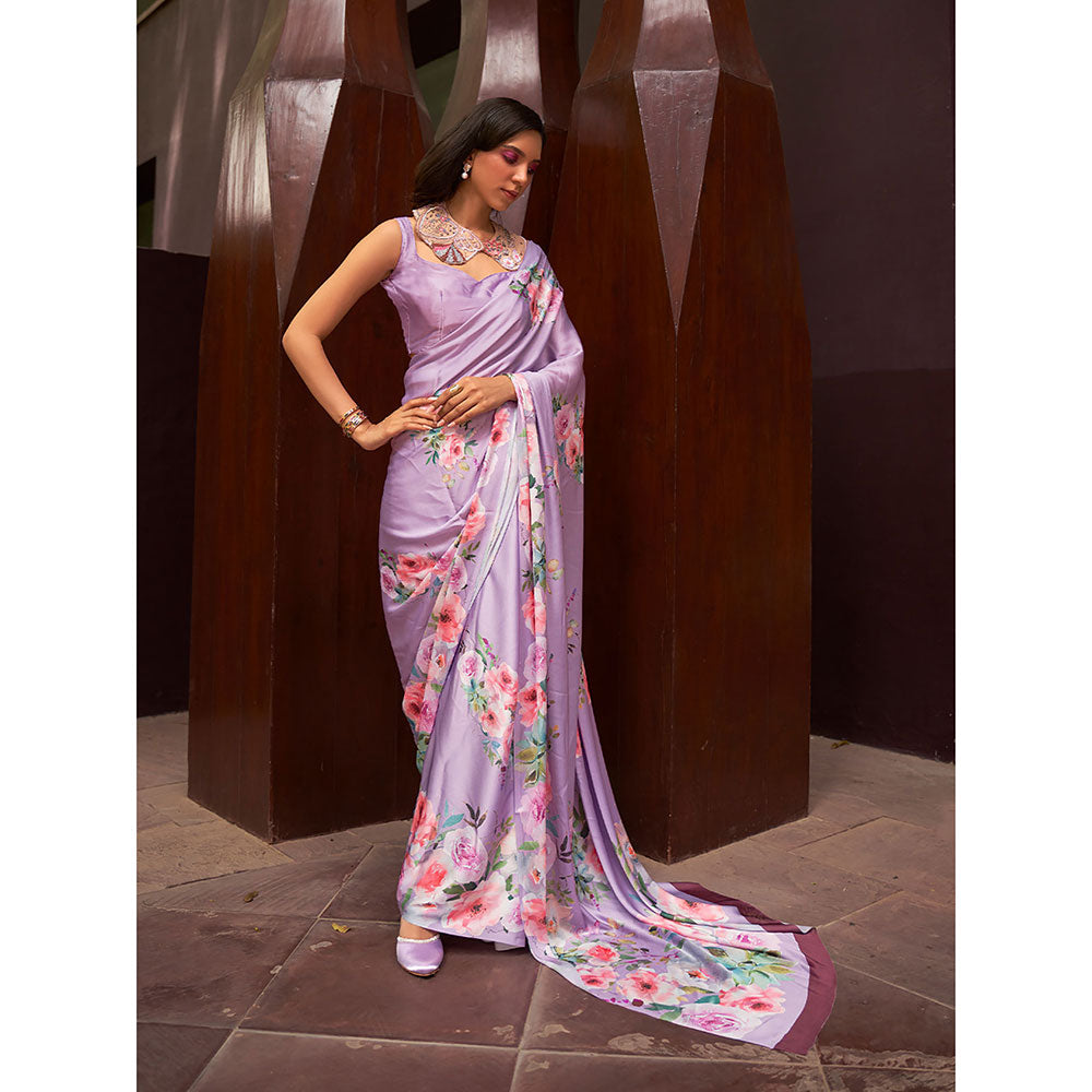 Odette Festive Lavender Satin Printed Saree with Unstitched Blouse