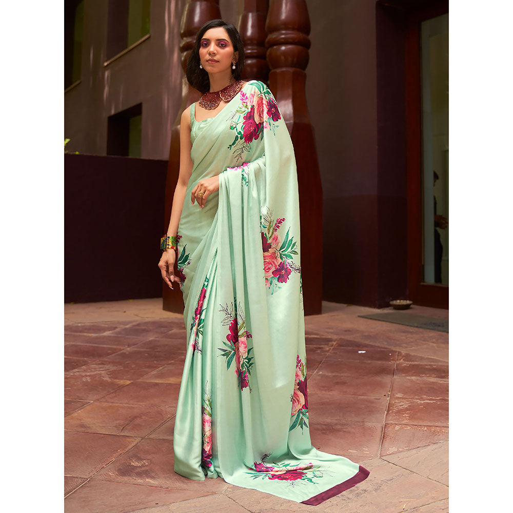 Odette Festive Green Satin Printed Saree with Unstitched Blouse