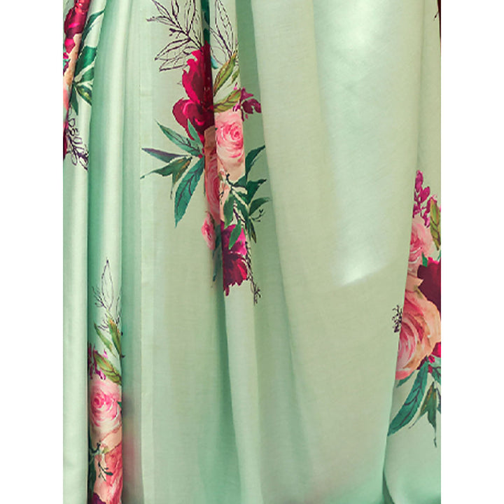 Odette Festive Green Satin Printed Saree with Unstitched Blouse