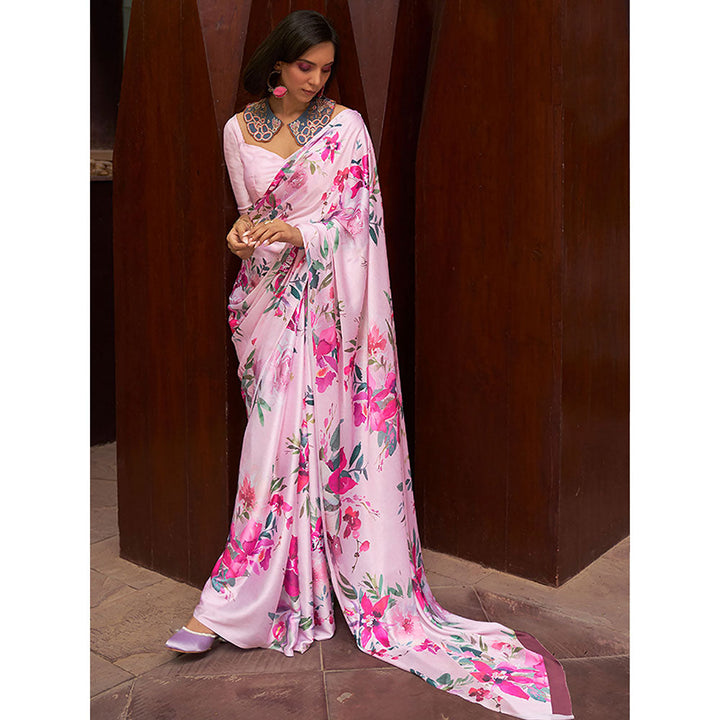 Odette Festive Pink Satin Printed Saree with Unstitched Blouse