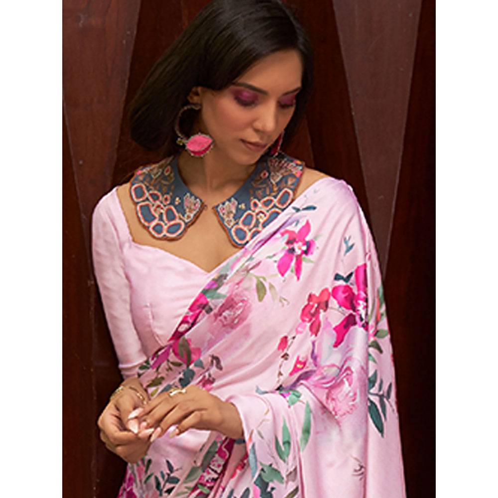 Odette Festive Pink Satin Printed Saree with Unstitched Blouse