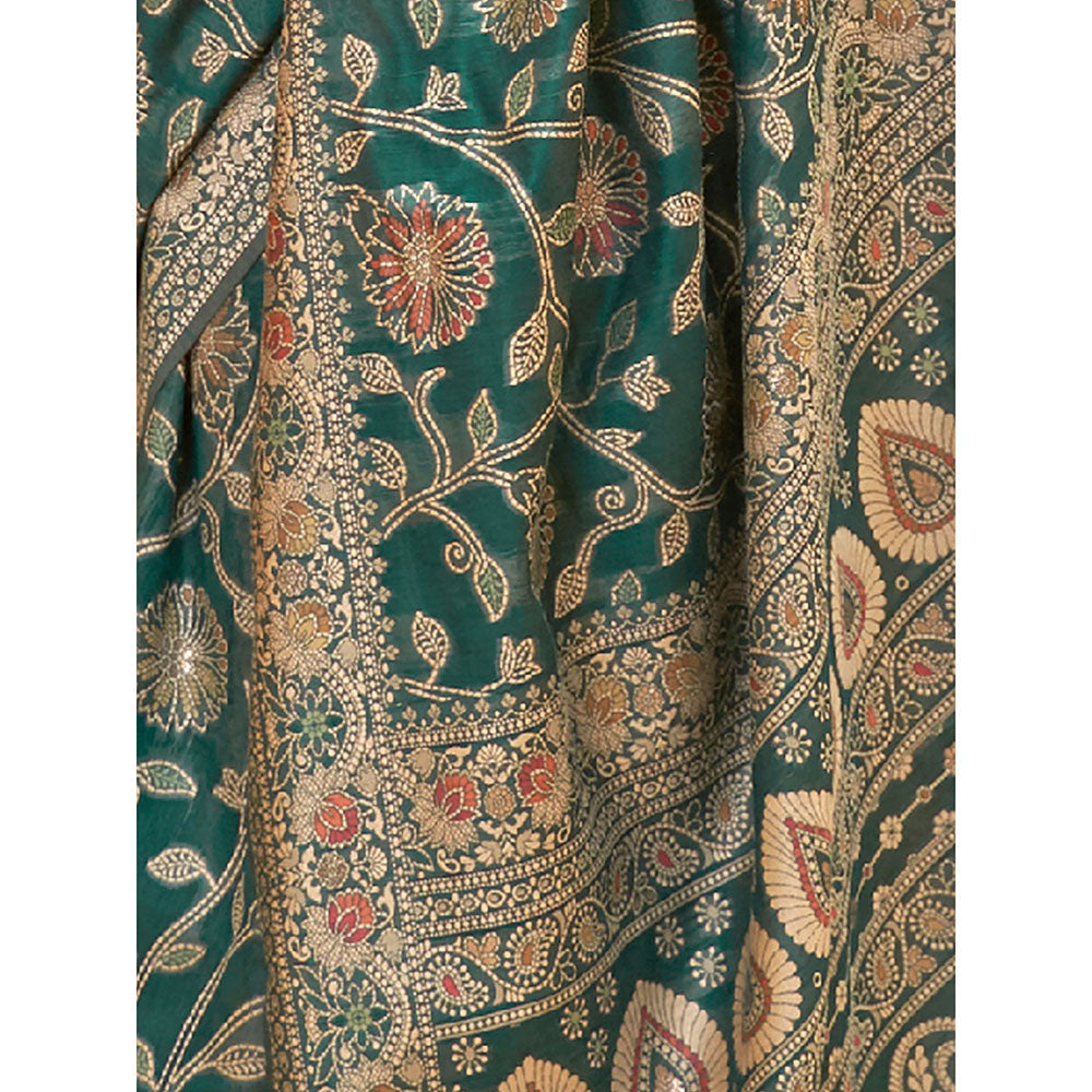 Odette Festive Green Silk Blend Woven Saree with Unstitched Blouse