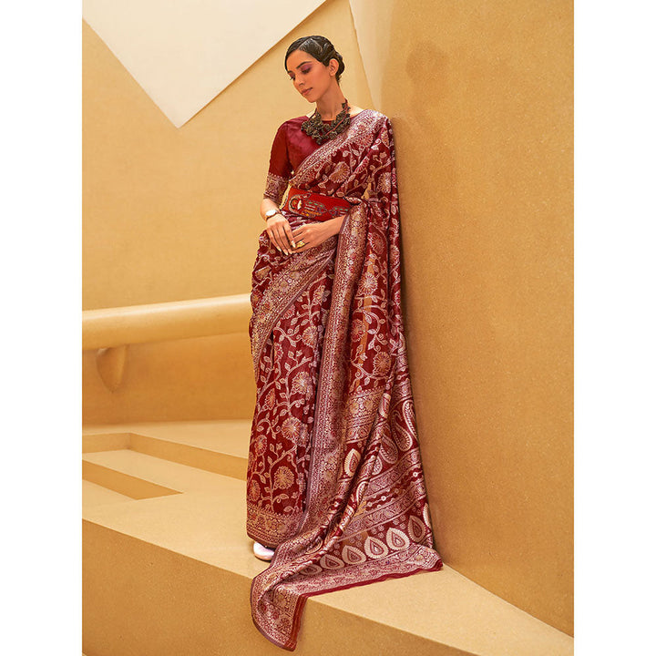 Odette Festive Maroon Silk Blend Woven Saree with Unstitched Blouse