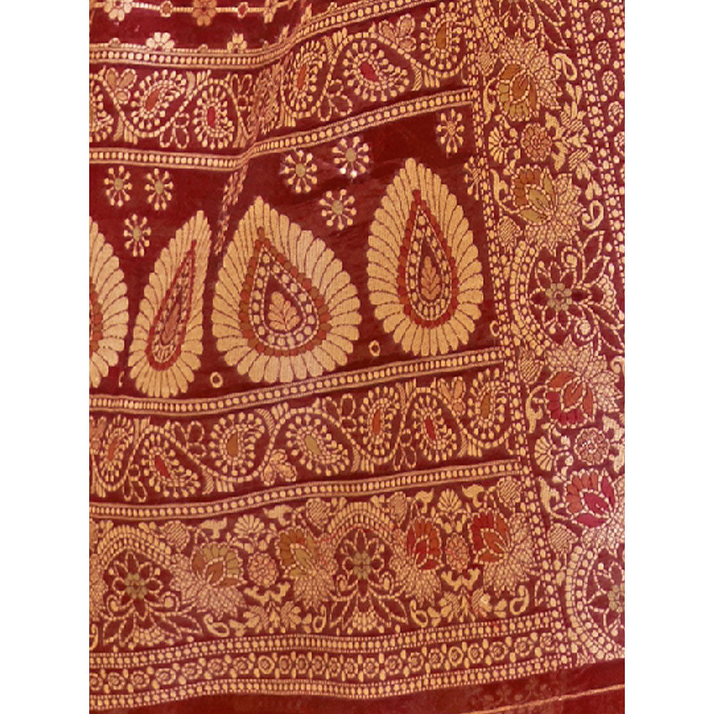 Odette Festive Maroon Silk Blend Woven Saree with Unstitched Blouse