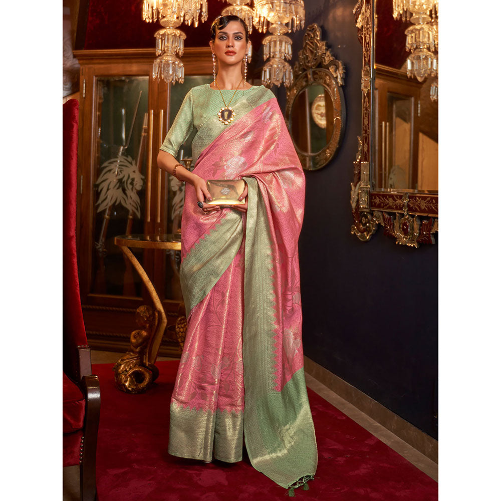 Odette Festive Pink Silk Blend Woven Saree with Unstitched Blouse