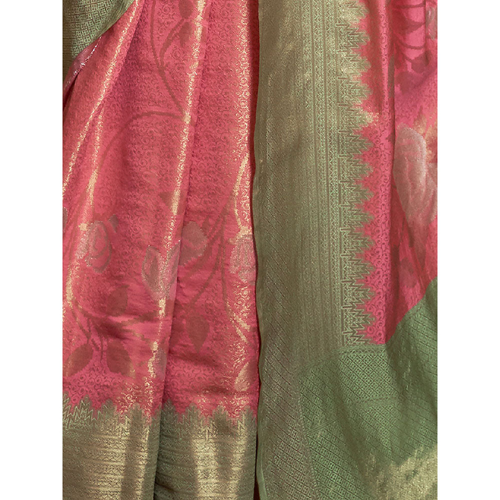 Odette Festive Pink Silk Blend Woven Saree with Unstitched Blouse