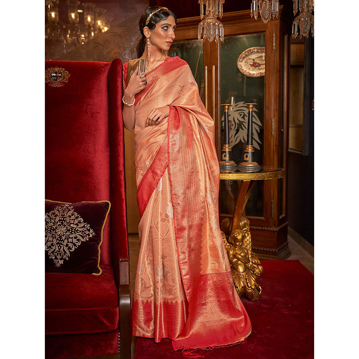 Odette Festive Peach Silk Blend Woven Saree with Unstitched Blouse