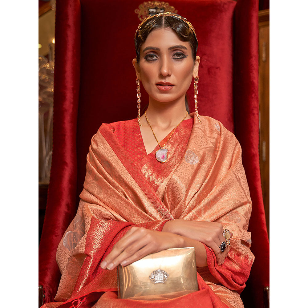 Odette Festive Peach Silk Blend Woven Saree with Unstitched Blouse