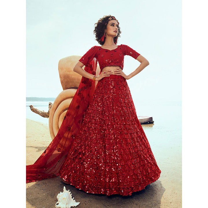 Odette Red Soft Net Semi Stitched Lehenga with Unstitched Blouse (Set of 3)