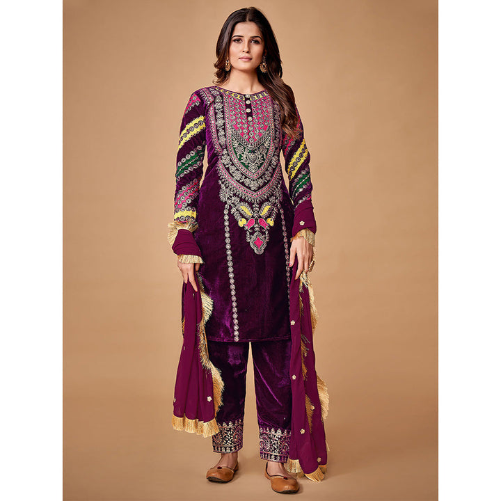 Odette Violet Velvet Embroidered Stitched Kurta (Set of 3)