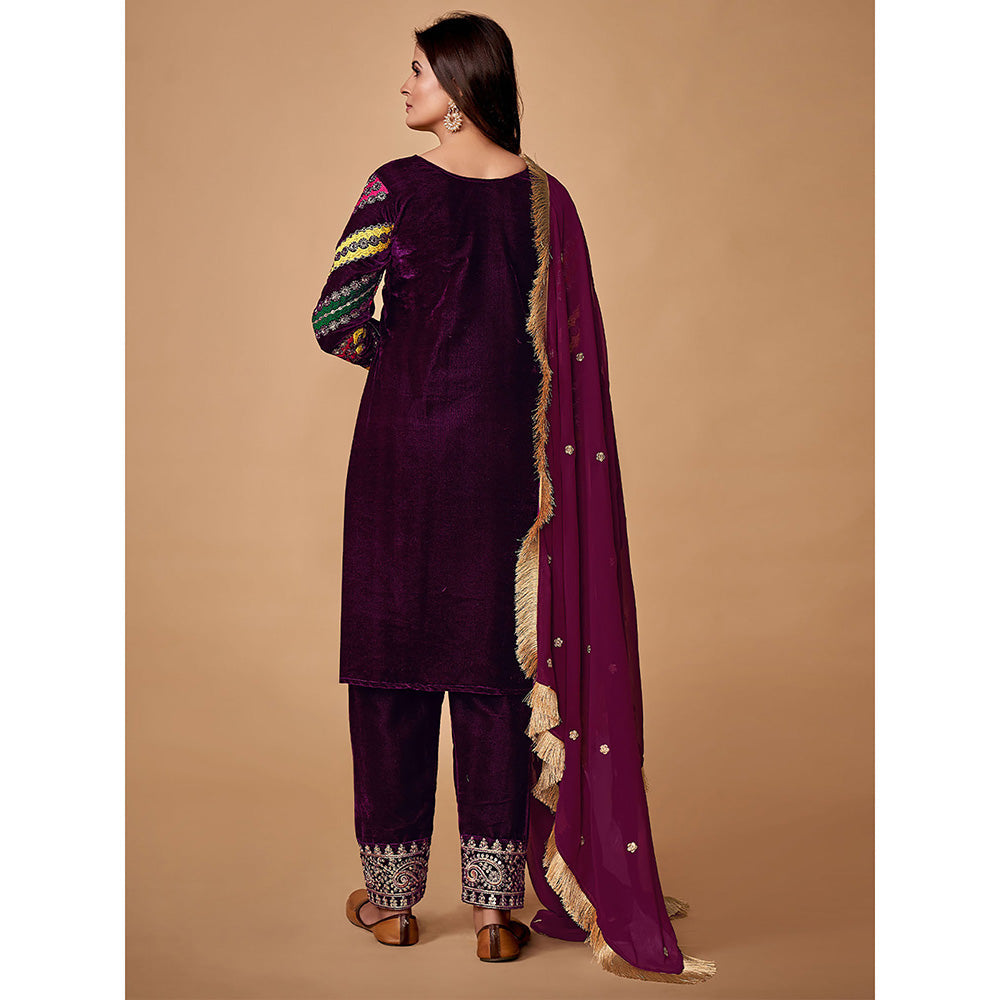 Odette Violet Velvet Embroidered Stitched Kurta (Set of 3)