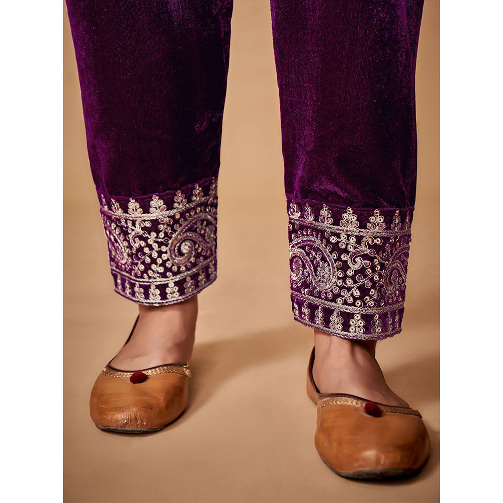 Odette Violet Velvet Embroidered Stitched Kurta (Set of 3)