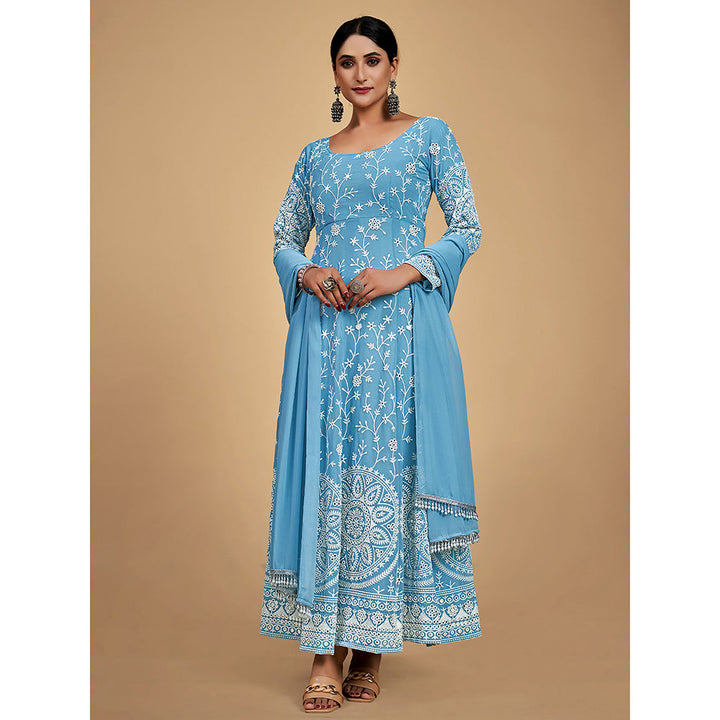 Odette Blue Georgette Embroidered Stitched Kurta (Set of 3)