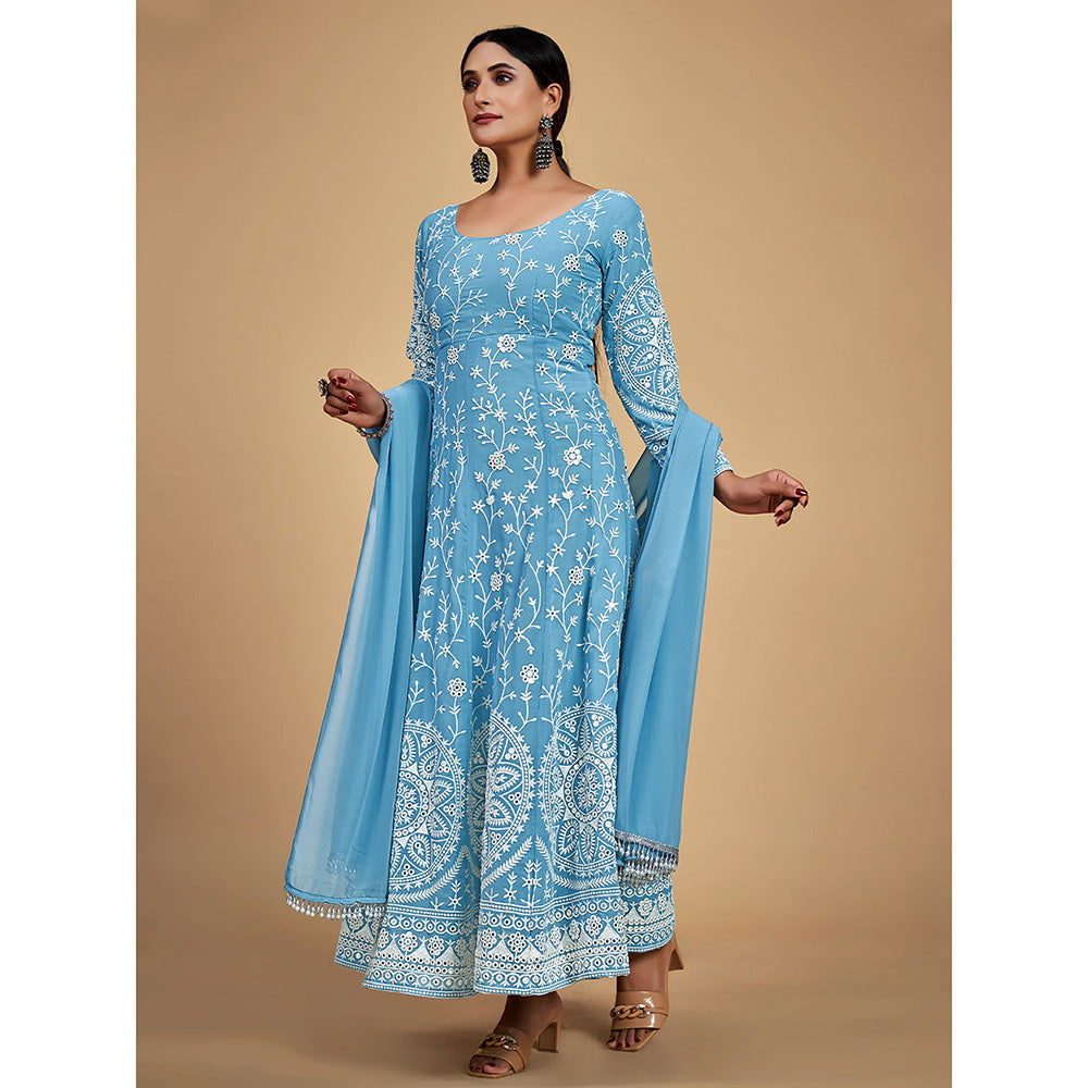 Odette Blue Georgette Embroidered Stitched Kurta (Set of 3)