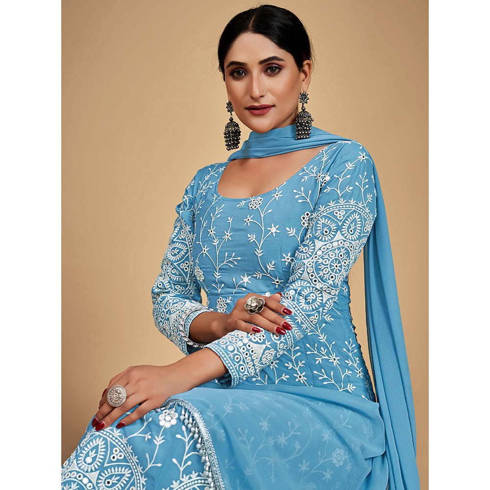 Odette Blue Georgette Embroidered Stitched Kurta (Set of 3)