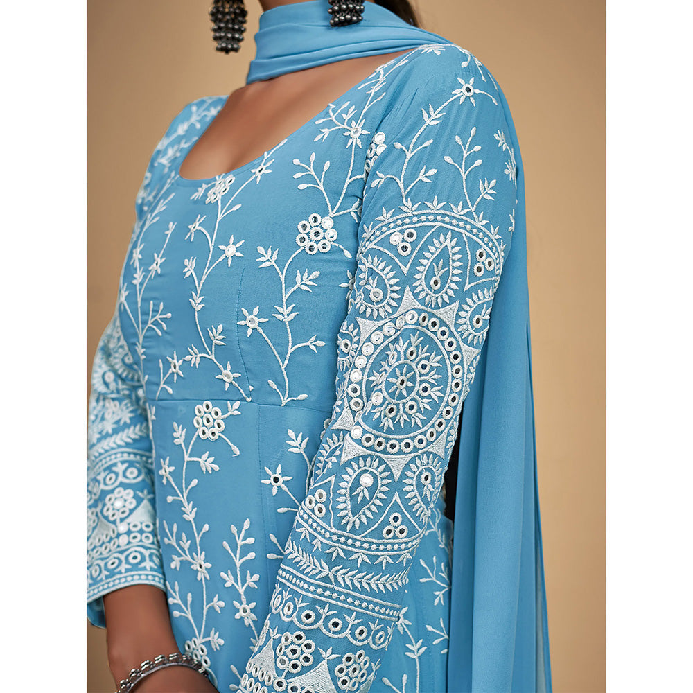 Odette Blue Georgette Embroidered Stitched Kurta (Set of 3)