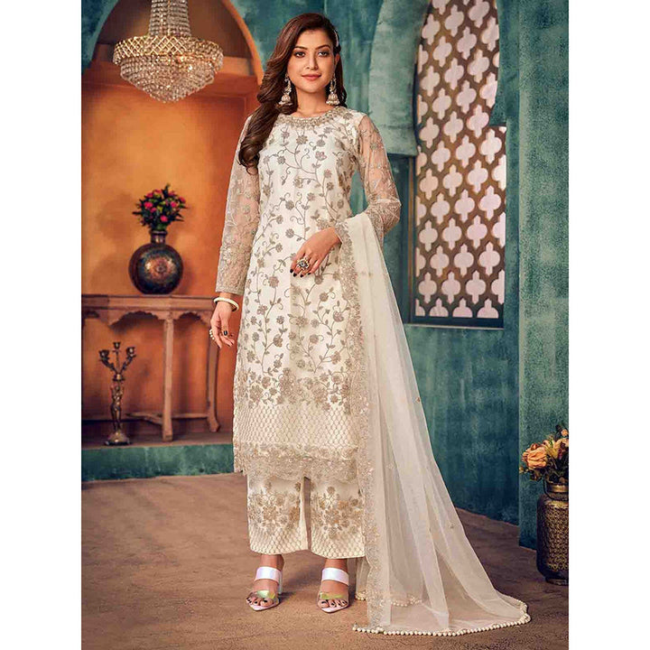 Odette White Net Embroidered Semi Stitched Kurta (Set of 3)