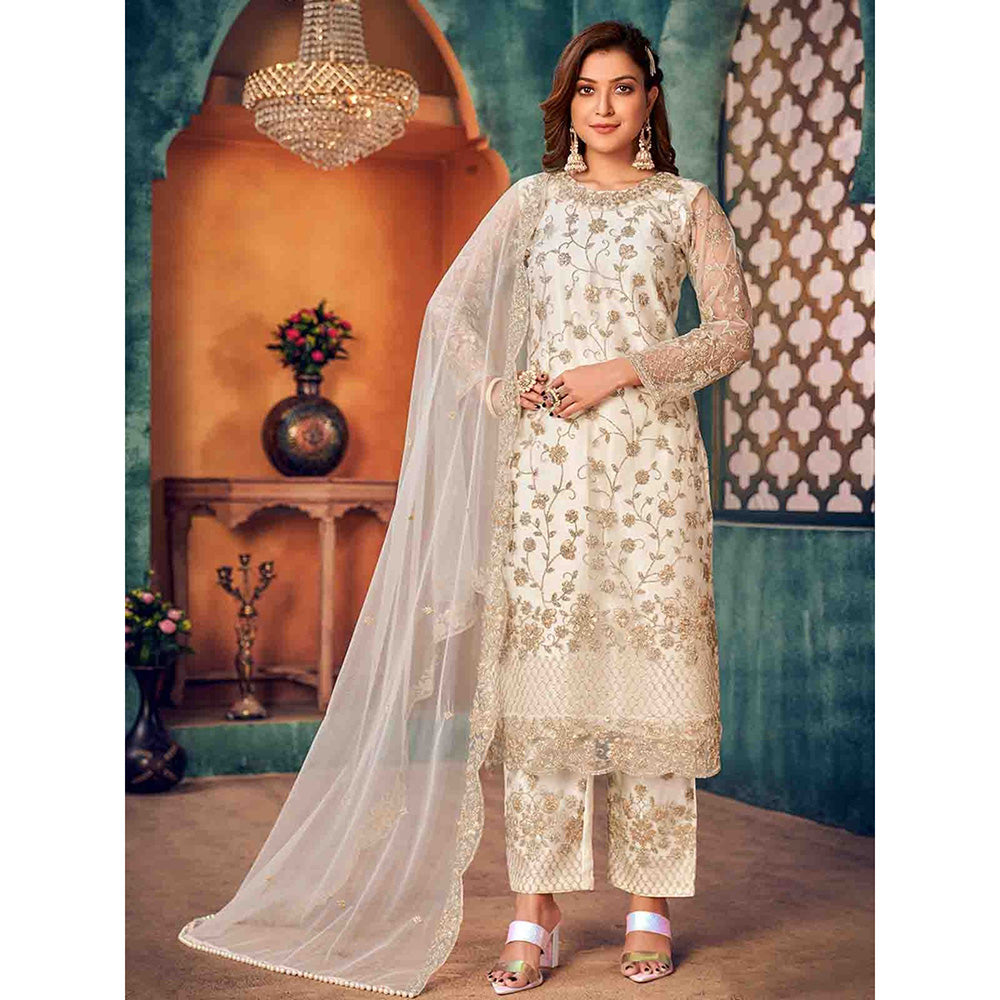 Odette White Net Embroidered Semi Stitched Kurta (Set of 3)