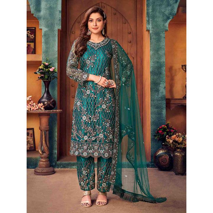 Odette Teal Net Embroidered Semi Stitched Kurta (Set of 3)