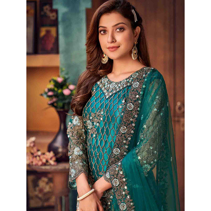 Odette Teal Net Embroidered Semi Stitched Kurta (Set of 3)