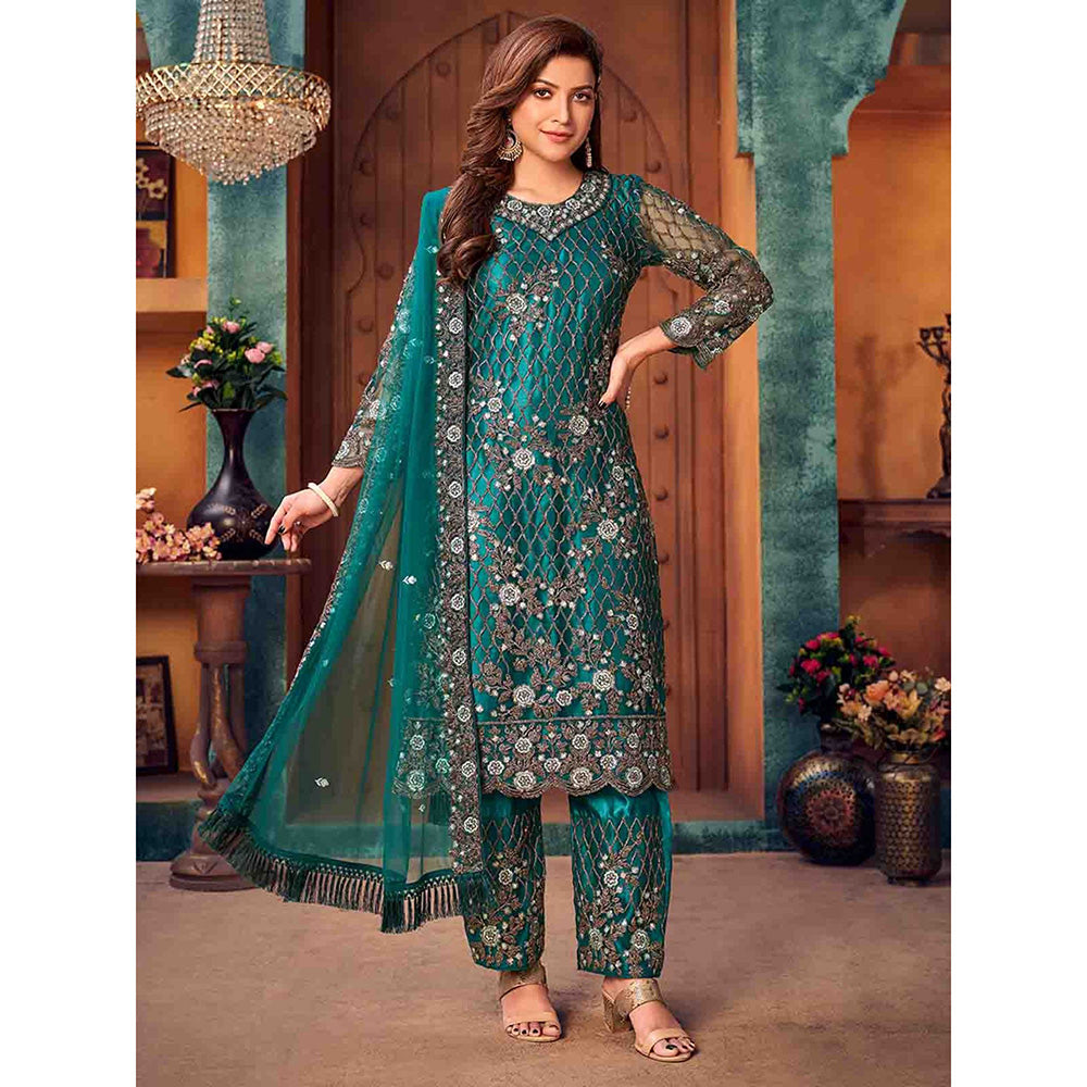 Odette Teal Net Embroidered Semi Stitched Kurta (Set of 3)