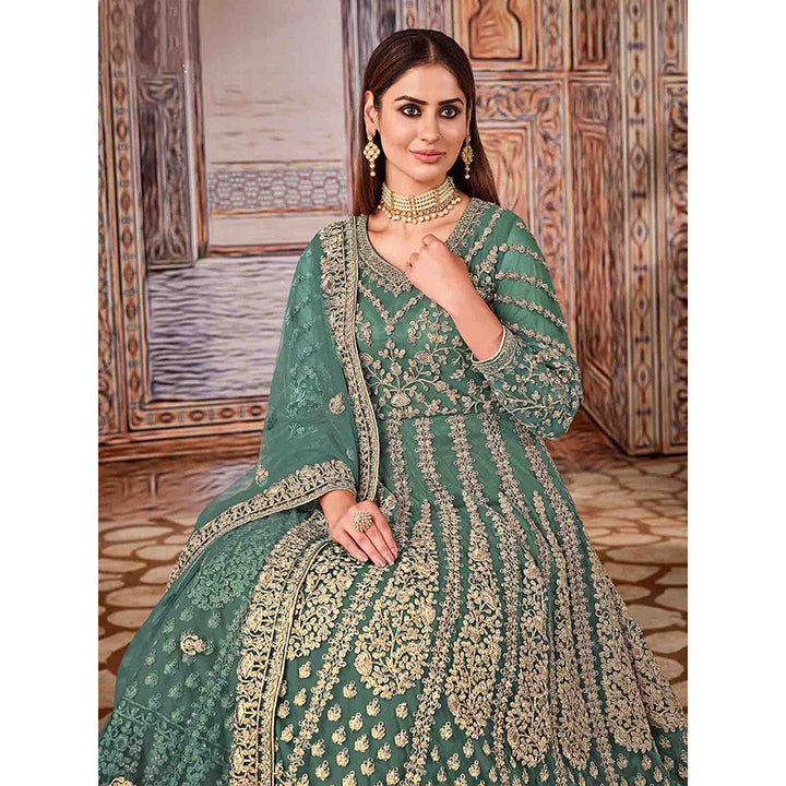 Odette Green Net Embroidered Semi Stitched Kurta (Set of 3)