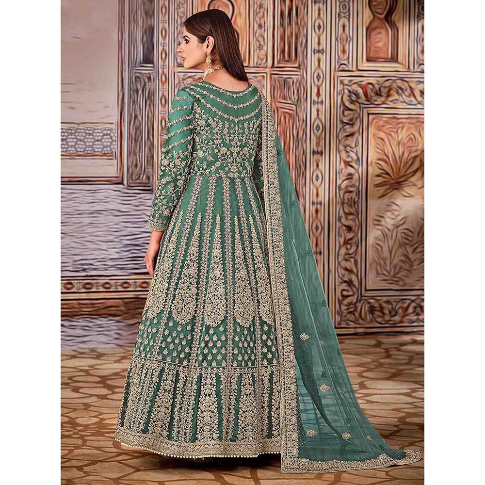 Odette Green Net Embroidered Semi Stitched Kurta (Set of 3)