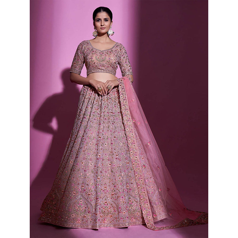 Odette Pink Georgette Embroidered Semi Stitched Lehenga with 