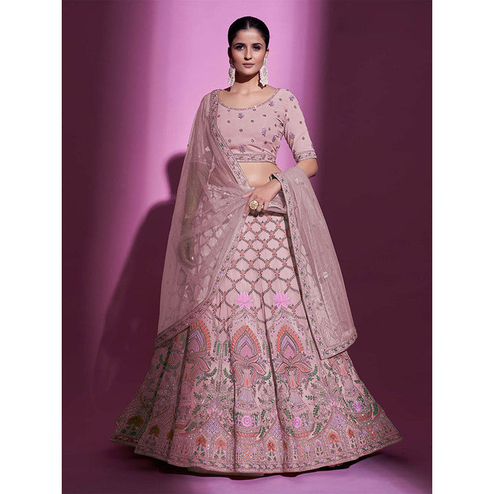 Odette Pink Georgette Embroidered Semi Stitched Lehenga with Unstitched Blouse (Set of 3)