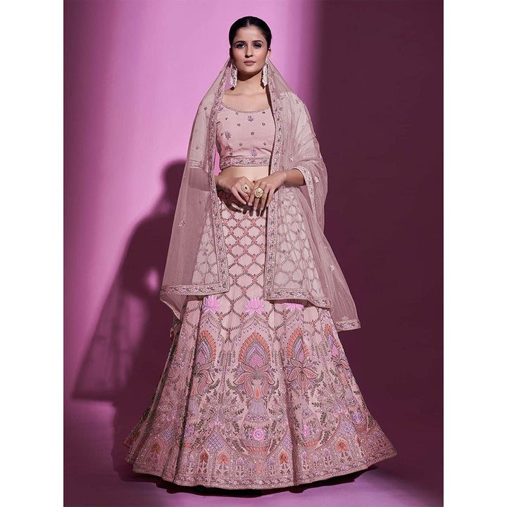 Odette Pink Georgette Embroidered Semi Stitched Lehenga with Unstitched Blouse (Set of 3)