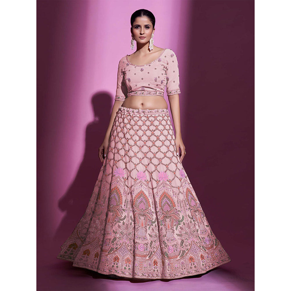 Odette Pink Georgette Embroidered Semi Stitched Lehenga with Unstitched Blouse (Set of 3)