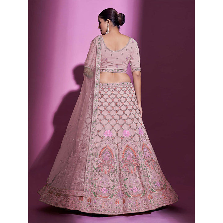 Odette Pink Georgette Embroidered Semi Stitched Lehenga with Unstitched Blouse (Set of 3)