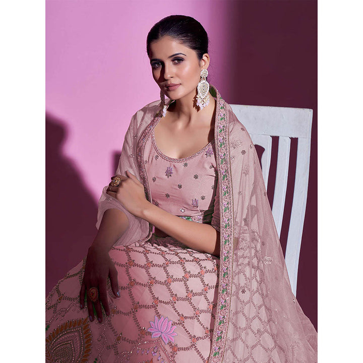 Odette Pink Georgette Embroidered Semi Stitched Lehenga with Unstitched Blouse (Set of 3)