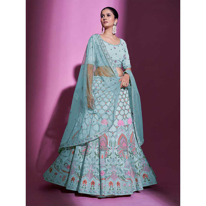 Odette Blue Georgette Embroidered Semi Stitched Lehenga with Unstitched Blouse (Set of 3)