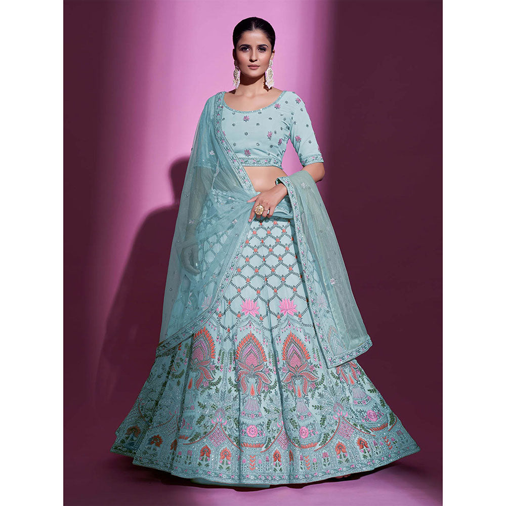 Odette Blue Georgette Embroidered Semi Stitched Lehenga with Unstitched Blouse (Set of 3)