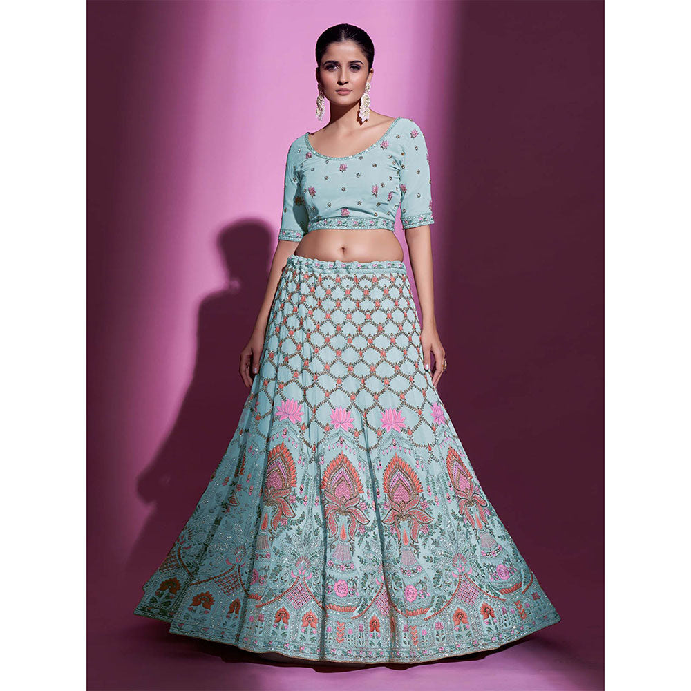 Odette Blue Georgette Embroidered Semi Stitched Lehenga with Unstitched Blouse (Set of 3)