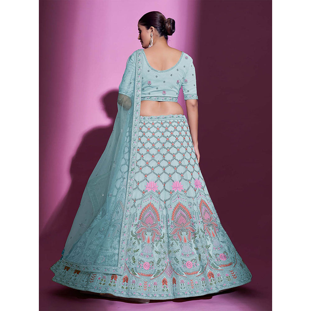 Odette Blue Georgette Embroidered Semi Stitched Lehenga with Unstitched Blouse (Set of 3)