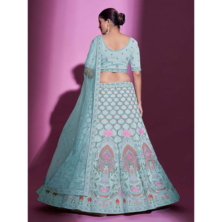 Odette Blue Georgette Embroidered Semi Stitched Lehenga with Unstitched Blouse (Set of 3)