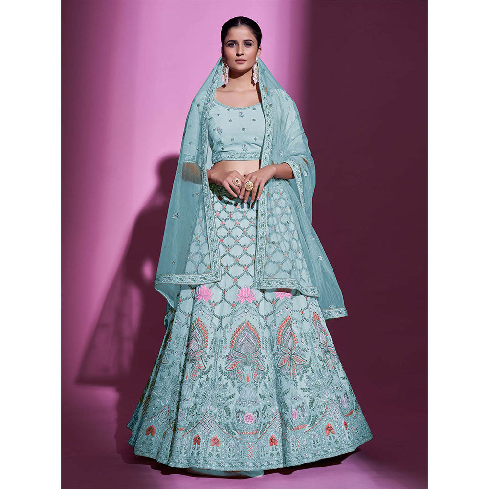 Odette Blue Georgette Embroidered Semi Stitched Lehenga with Unstitched Blouse (Set of 3)