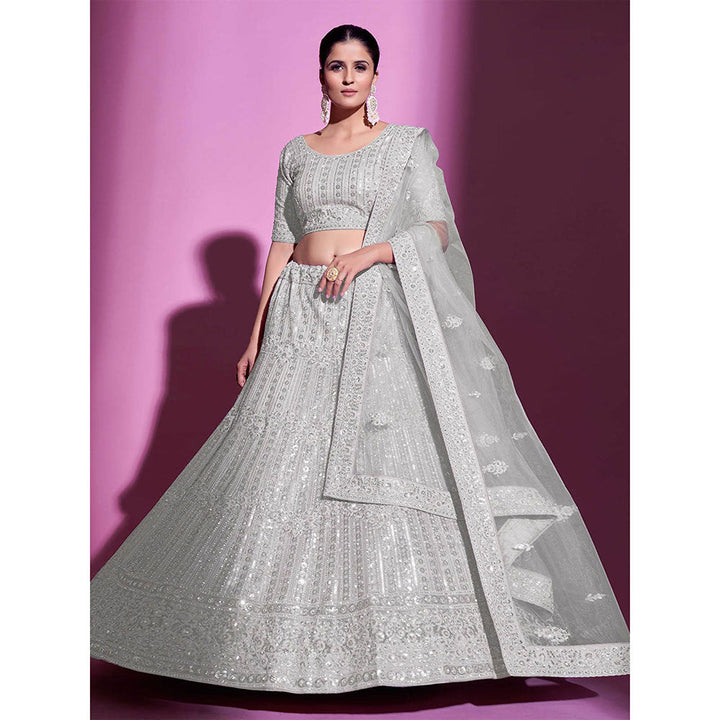 Odette White Net Embroidered Semi Stitched Lehenga with Unstitched Blouse (Set of 3)