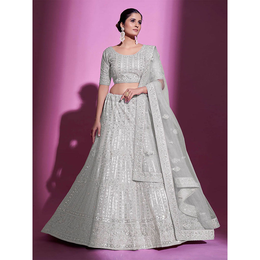 Odette White Net Embroidered Semi Stitched Lehenga with Unstitched Blouse (Set of 3)