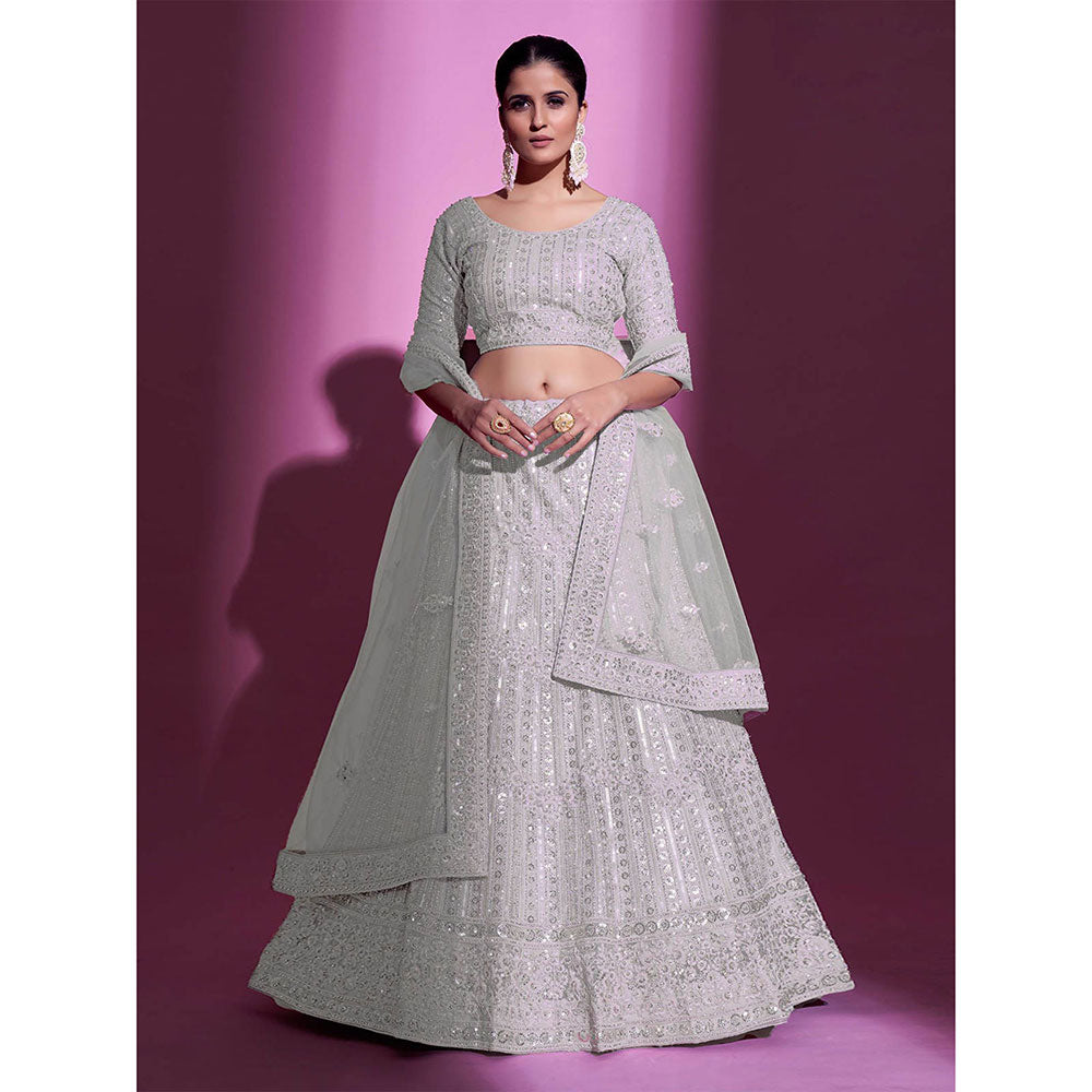 Odette White Net Embroidered Semi Stitched Lehenga with Unstitched Blouse (Set of 3)