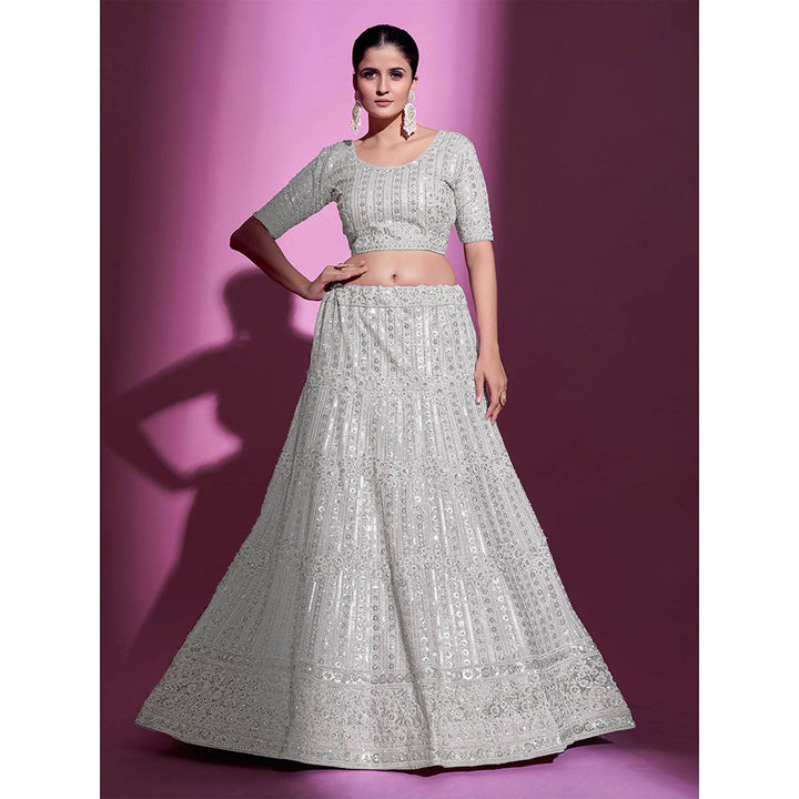 Odette White Net Embroidered Semi Stitched Lehenga with Unstitched Blouse (Set of 3)