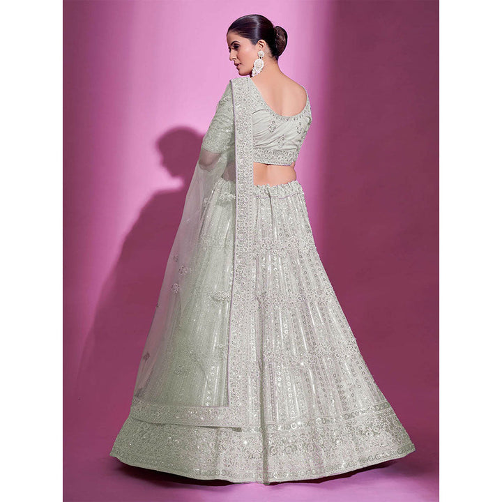 Odette White Net Embroidered Semi Stitched Lehenga with Unstitched Blouse (Set of 3)