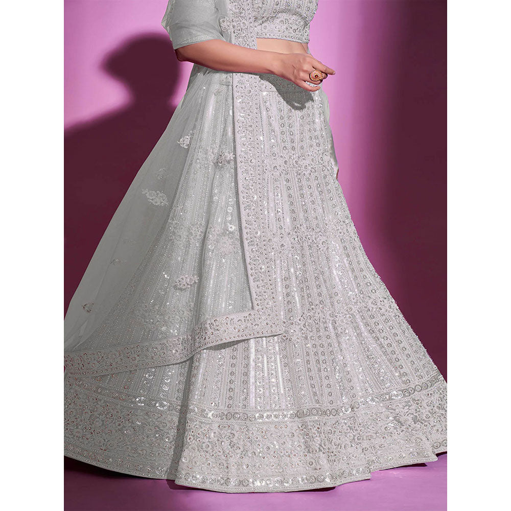 Odette White Net Embroidered Semi Stitched Lehenga with Unstitched Blouse (Set of 3)